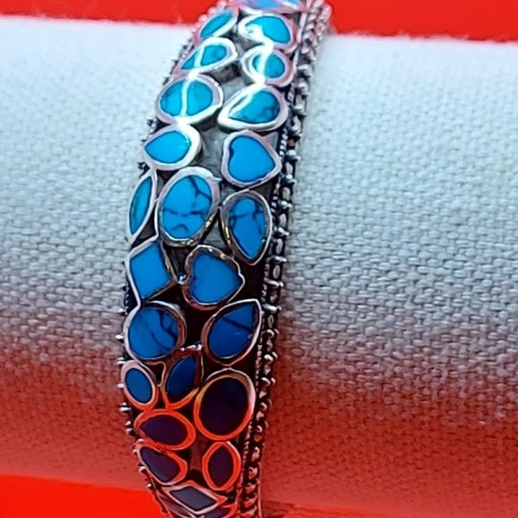 Natural Stabilized Blue Turquoise 7x5 mm & Marcasite 925 Sterling Silver Bangle - Picture 5 of 10